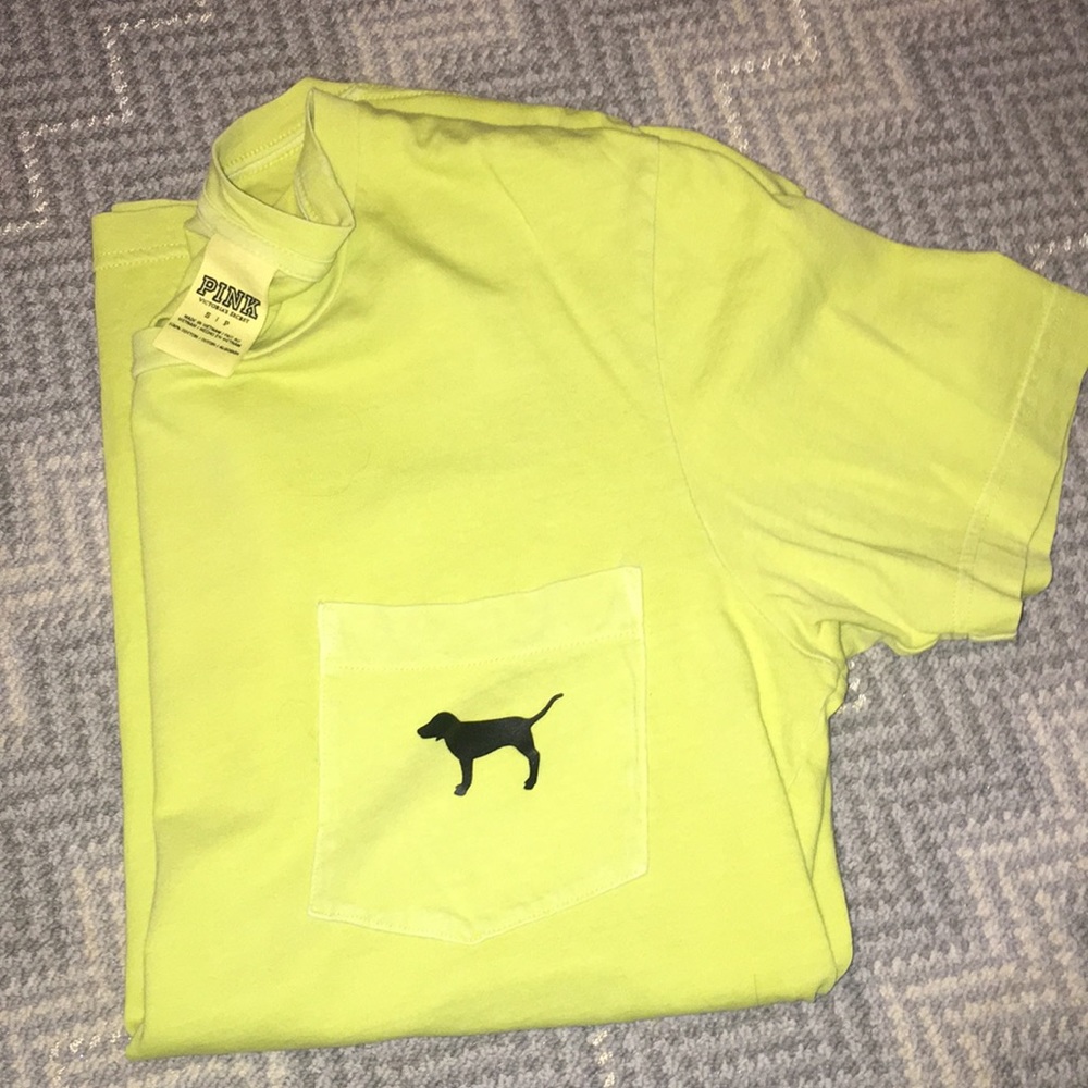 PINK tee w/ dog logo and pocket! Neon yellow-green